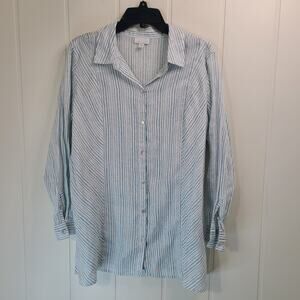 J. Jill Love Linen Button Down Shirt Tunic Blue-Green Stripes Womens 1X